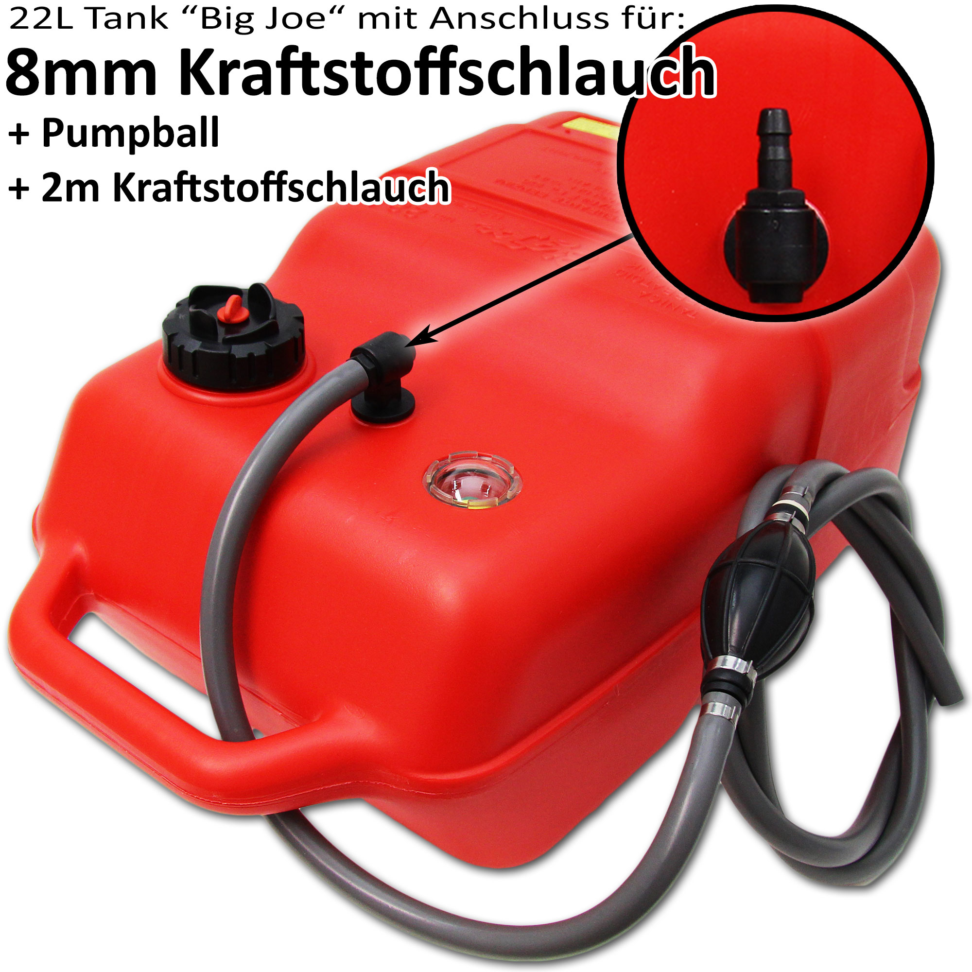 Fuel tank red / Connection nipple (8mm) / 2m hose / level indicator manual