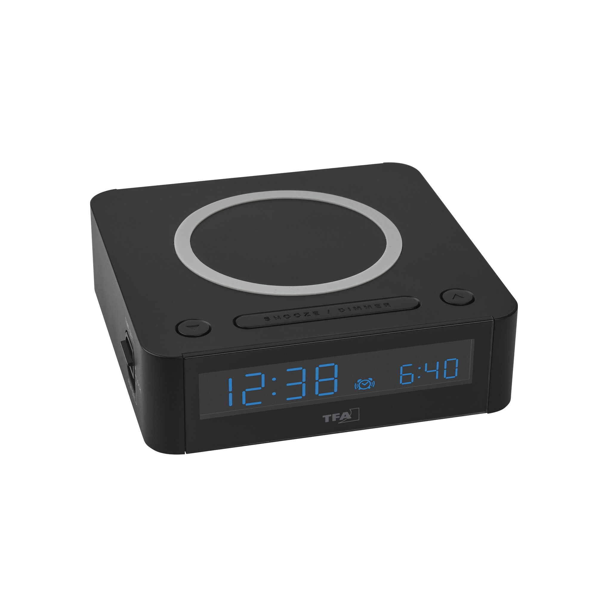 Digital alarm clock with wireless charging station