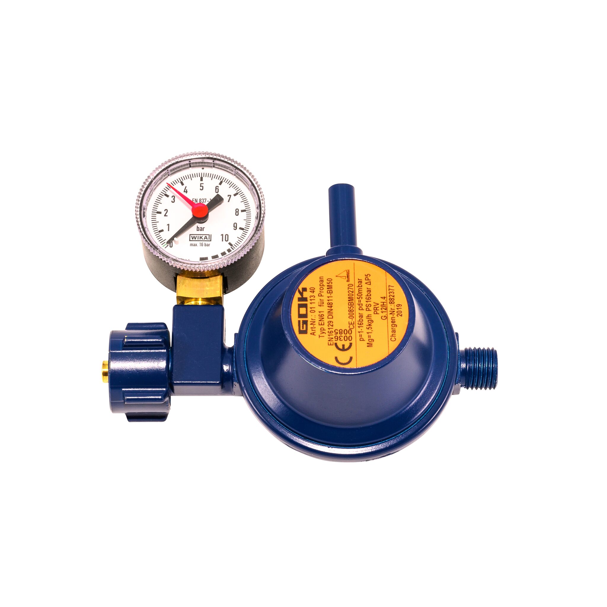 GOK pressure regulator 50 mbar 90° with pressure gauge